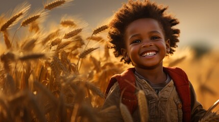 Poster - Happy African child in a wheat field. Grain deal concept. Hunger and food security of the world.