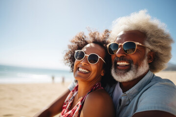 Aged man and woman in sunglasses on the beach