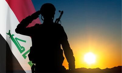 Canvas Print - Silhouette of a soldier with Iraq flag against the sunset. EPS10 vector