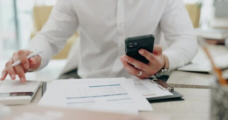 Aufkleber - Writing tax, person hands and document with phone information for accountant and financial planning. Data, paperwork and audit research with mobile and budget app for business review in office