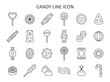 Candy line icon set. Symbol collection with lollipop, sweets, caramel, candy cane, chocolate, gummy bear. Vector illustration.