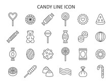 Candy Line Icon Set. Symbol Collection With Lollipop, Sweets, Caramel, Candy Cane, Chocolate, Gummy Bear. Vector Illustration.