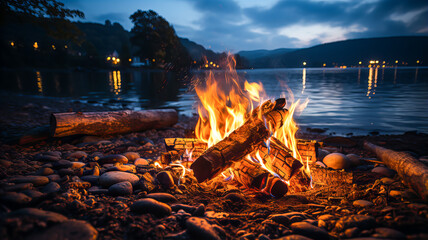 Wall Mural - Black background. A small bonfire on the shore of a mountain lake or river. Night scene. Generative AI technology.