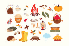 Autumn Bundle Of Cute And Cozy Design Elements. Set Contains Fall Leaves, Pumpkin, Kettle, Rubber Boots, Rainy Cloud, Hedgehog, Books, Pie, Basket Full Of Apples, Jam Jar, Cozy Socks, Tea Bag, Bonfire
