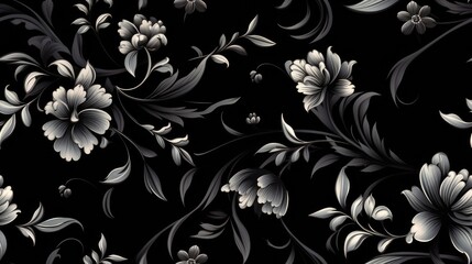 Wall Mural - a black floral ornament in a retro style. Showcase intricate flower and curl motifs, evoking a sense of vintage charm and sophistication SEAMLESS PATTERN. SEAMLESS WALLPAPER.