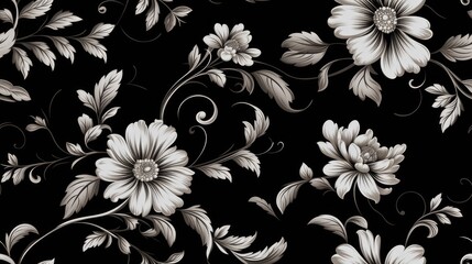 Sticker - a black floral ornament in a retro style. Showcase intricate flower and curl motifs, evoking a sense of vintage charm and sophistication SEAMLESS PATTERN. SEAMLESS WALLPAPER.