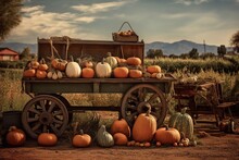 Pumpkins On A Farm. Pumpkin Harvest On Old Wooden Cart In A Farm Field. Pumpkin Harvest At A Farm In California, United States.