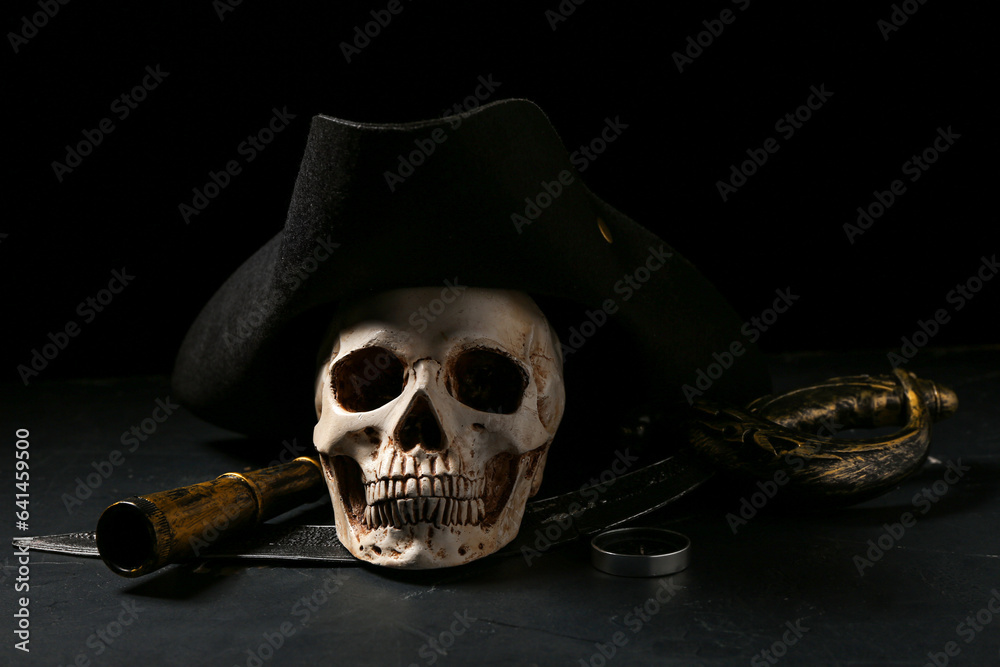 Travel equipment with human skull and pirate hat on black background