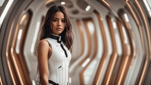 Futuristic Fashion, White Top And Bottom Bodysuit, Black Line Pattern On The Bodysuit, Brown Hair, Brown Eyes, Beautiful Woman, Black Belt, Standing On A Space Age Planet, The Windows Are All Glass