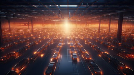 Wall Mural - a top view of neatly aligned rows of new cars in a distribution center within the factory, showcasing the meticulous planning that goes into the production chain.
