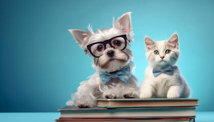 Wall Mural - Cat and dog in front of blue background