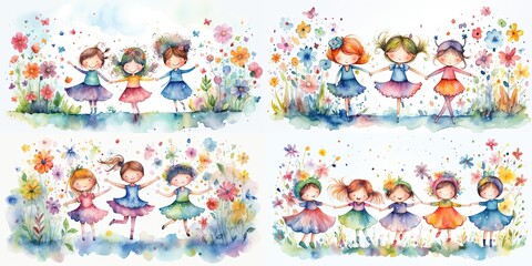 Wall Mural - watercolor painting style illustration of cute happy fairy angel play together in spring flower blossom garden, generative Ai