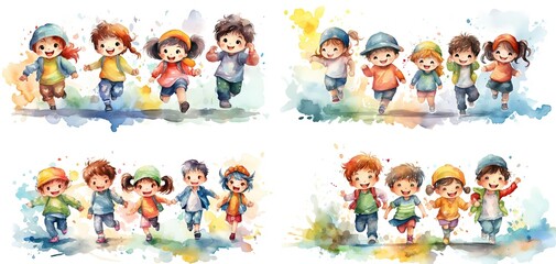 Wall Mural - watercolor style illustration of cute cartoon  kids play together, Generative Ai