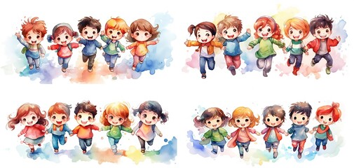Wall Mural - watercolor style illustration of cute cartoon  kids play together, Generative Ai
