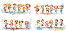 Watercolor Style Illustration Of Cute Cartoon  Kids Play Together, Generative Ai