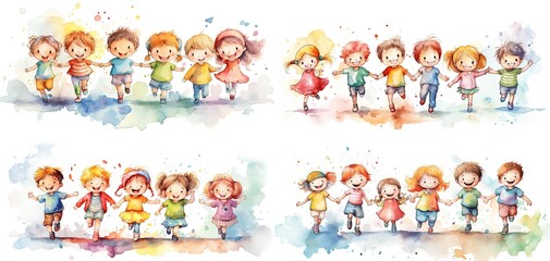 Wall Mural - watercolor style illustration of cute cartoon  kids play together, Generative Ai
