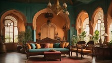 Featuring A Vintage Indian Home With Colonial-era Furniture, Grand Archways, And Ornate Ceiling Fans With More Vibrant Colors.