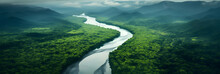 Wide Shot Of The Amazon River Flowing Through Pristine Mountainous Rainforest