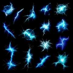 Collection of blue magic lightning spells, isolated on a black background