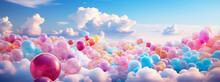 Colorful Balloons In The Sky Background, In The Style Of Surreal 3d Landscapes, Pink And Aquamarine