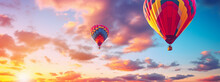 Hot Air Balloons Up In The Blue Sky, In The Style Of Romantic Atmosphere, Matte Photo, Colorful Moebius