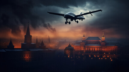 Combat drone weapon. military technology. Unmanned drone above city