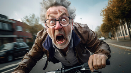 Sticker - Elderly funny pensioner with terrified look rides a bike in urban traffic. Generative AI