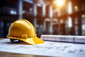 Yellow hard hat sitting on construction plans