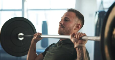 Wall Mural - Man, barbell and press exercise in gym for workout, functional training or muscle strength in fitness club. Serious bodybuilder, heavy weightlifting and challenge of strong power, endurance or energy