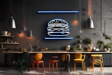 Interior Of Restaurant With A Burger On The Wall, Neon Light Effect, Neon Wall Decor