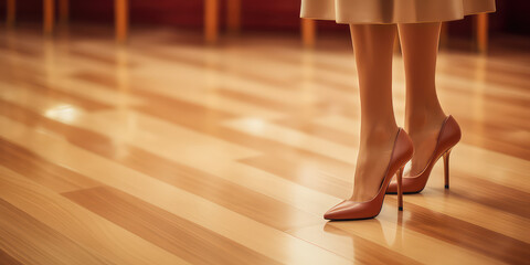 Wall Mural - Woman wearing classic high heel shoes, step on the spc flooring, closeup female legs in pretty shoes.