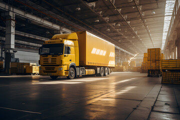 Big yellow truck in a cargo warehouse