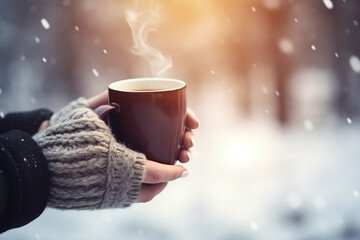 Hands in warm mittens holding a cup of hot drink, outdoors, copyspace. Generative AI