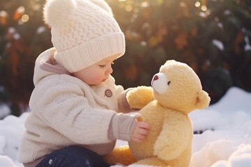  Little baby playing with a toy bear outdoors in winter. Generative AI