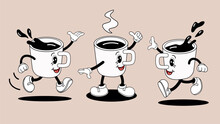 Set Cute Retro Character Cup Of Coffee. Funny Logo Mascot For Menu Café, Cafeteria, Coffee Or Tea Shop. Cartoon Vector Illustration.