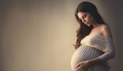 Wall Mural - Portrait of young pregnant woman holding hands on her belly. Copy space. Pregnancy, motherhood