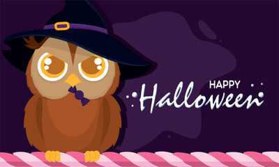 Poster - Cute owl bird with witch hat Happy halloween Vector