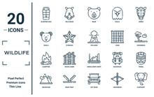 Wildlife Linear Icon Set. Includes Thin Line Sleeping Bag, Koala, Campfire, Mountain, Elephant, Volcano, Tribal Icons For Report, Presentation, Diagram, Web Design