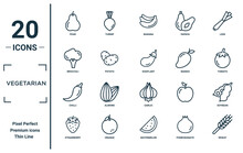 Vegetarian Linear Icon Set. Includes Thin Line Pear, Broccoli, Chilli, Strawberry, Wheat, Eggplant, Soybean Icons For Report, Presentation, Diagram, Web Design