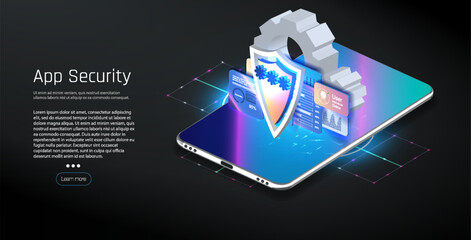 Poster - debit card payment application. Gadget of the future, smartphone tech payment. Flat Isometric vector illustration. E-payment screen  smartphone payment technology. Online payment, security