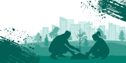 Wall Mural - Green city. Planting trees by people in park. Landscaping of town. Banner design. Vector illustration