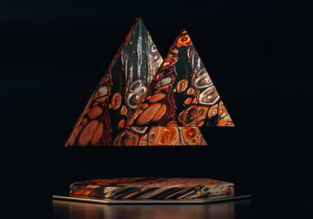 Poster - 3D abstract podium with triangle shape and marble pattern. Pedestal for product presentation on black background. Copy space