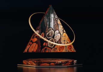 Poster - 3D abstract podium with triangle shape and marble pattern. Pedestal for product presentation on black background. Copy space