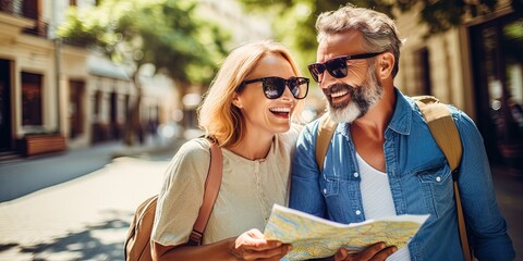 Joyful Tourists Exploring City with Map   Blissful Couple Uniting on Summer Getaway   Travel Lifestyle of Elderly Pair in European metropolis, Generative AI