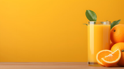 orange juice with fresh fruit on yellow background