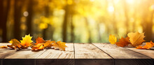 Autumn Maple Leaves On Wooden Table Top. Falling Leaves Natural Background. Sunny Autumn Day With Beautiful Orange Fall Foliage In The Park. Wide Panoramic Background, Digital Ai
