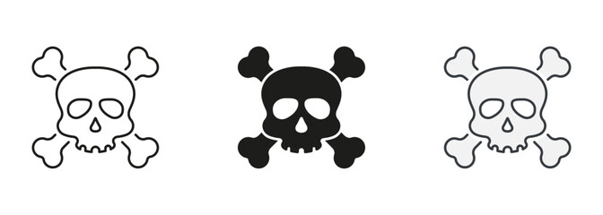 Wall Mural - Skull with Crossbones for Celebration Halloween Line and Silhouette Icon Set. Toxic, Danger, Poison Symbol Collection. Skeleton Face with Cross Bones Pictogram. Isolated Vector Illustration