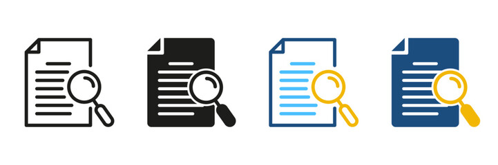 Poster - Document with Magnifying Glass Line and Silhouette Icon Set. Study and Research Symbol Collection. Contract Case Black and Color Pictogram. Application Form, Data Report. Isolated Vector Illustration