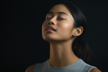 Poster - A person performs a chin tuck exercise, gently drawing their chin inward to counteract the forward head posture associated with tech neck. Generative Ai.