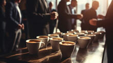 Coffee break in business meeting. Cappuccino cups on the table. Businesspeople in the blurred background.